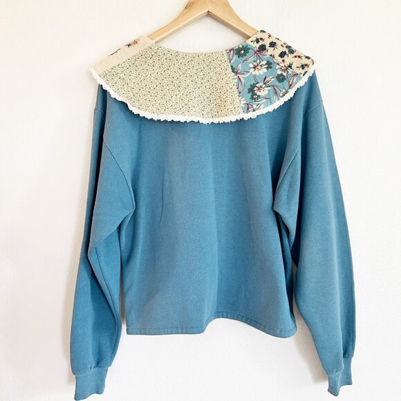 Vintage DIY Grandma Sweatshirt Cardigan M? Blue Shawl Collar Patchwork Button Up - Picture 8 of 10